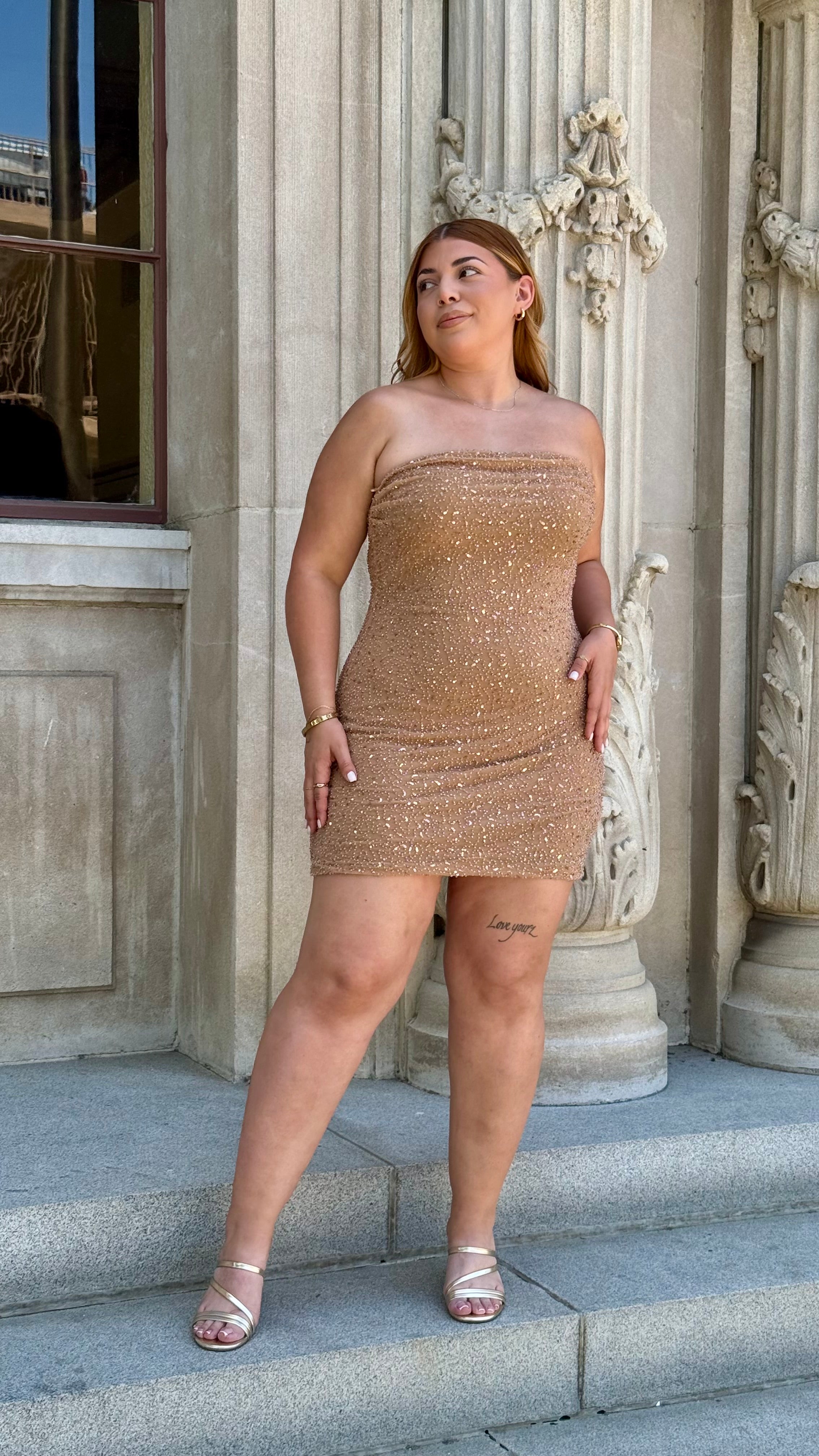 Elegancia Beaded Mini Dress - MOCHA